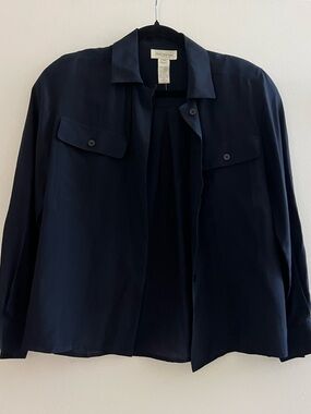 Jones New York Navy Button-Front Silk Blouse